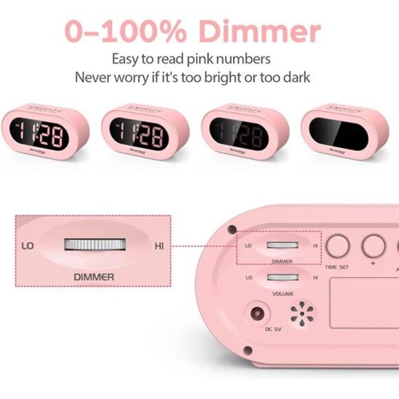 Pink Girls AlarmClock for KidsBedroom,Dimmable LEDDigital Display,Outlet Powered - Picture 5 of 5
